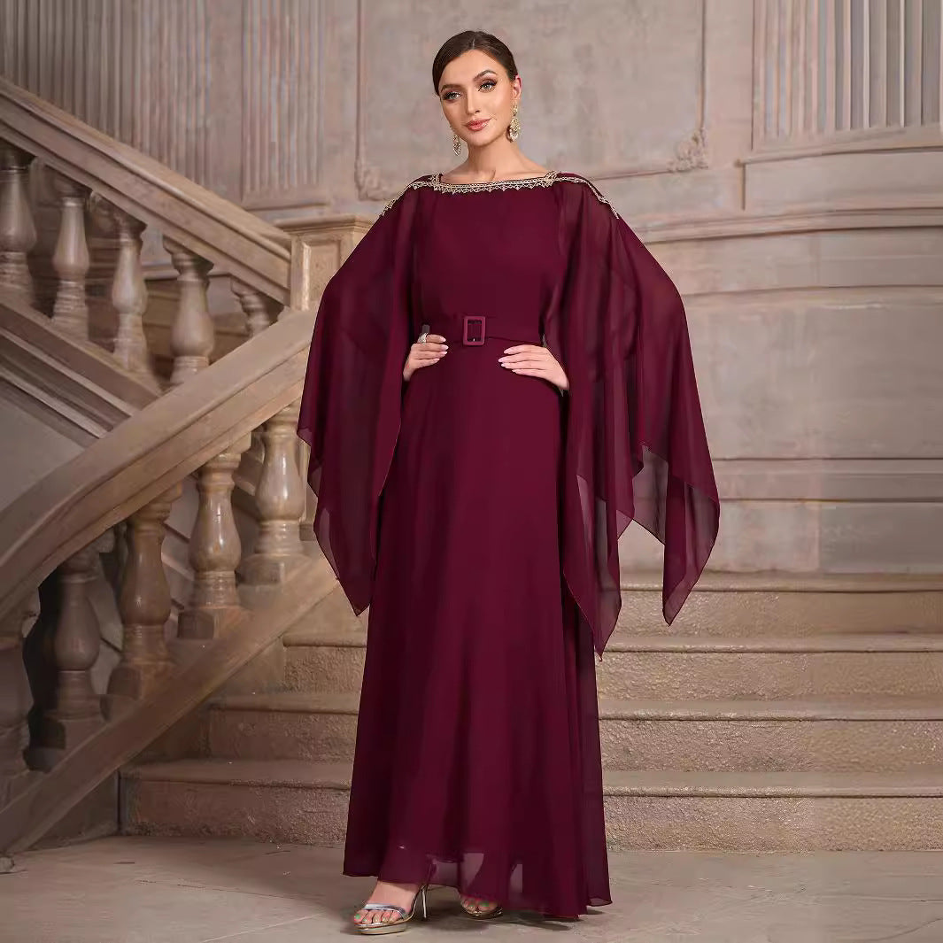 Solid Color Shawl Sleeve round Neck Belt Chiffon Elegant Cocktail Evening Dress - Fashionpara