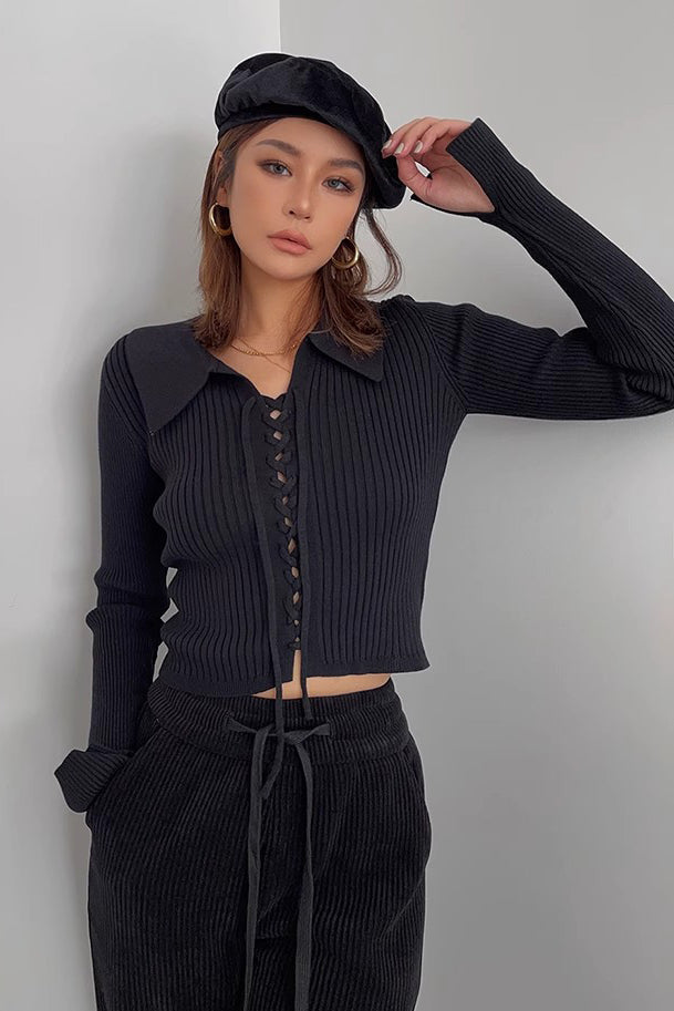 Rib-Knit Lace-Up Sweater Cardigan for Stylish Comfort