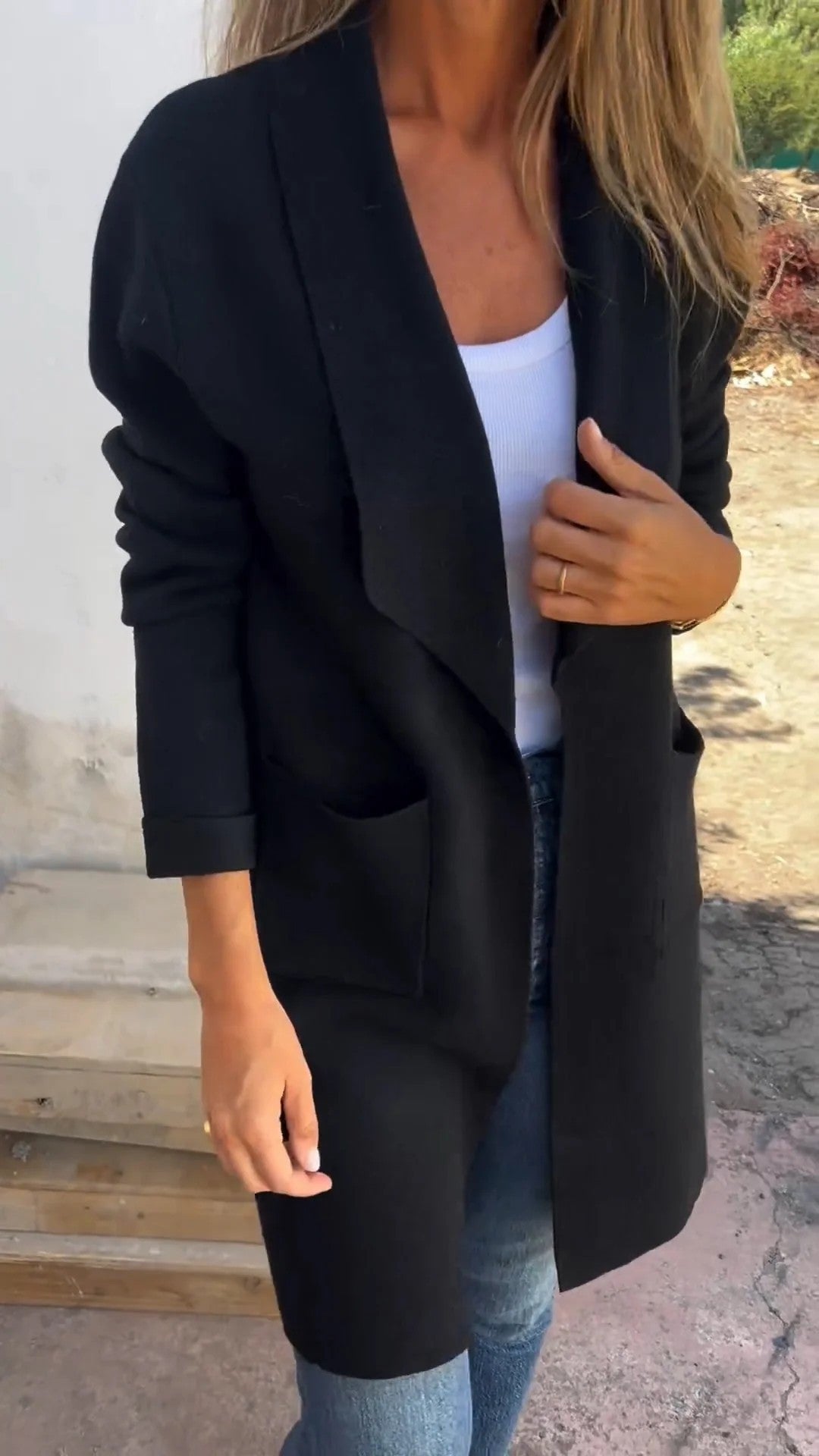 Lapel Solid Color Wool Cardigan with Long Pockets for Elegance