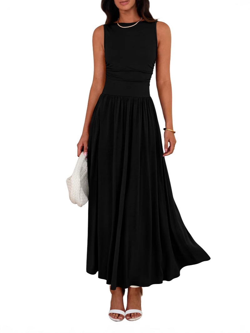 Crew Neck Sleeveless Ruched Waist Fit and Flare Maxi Dress 2
