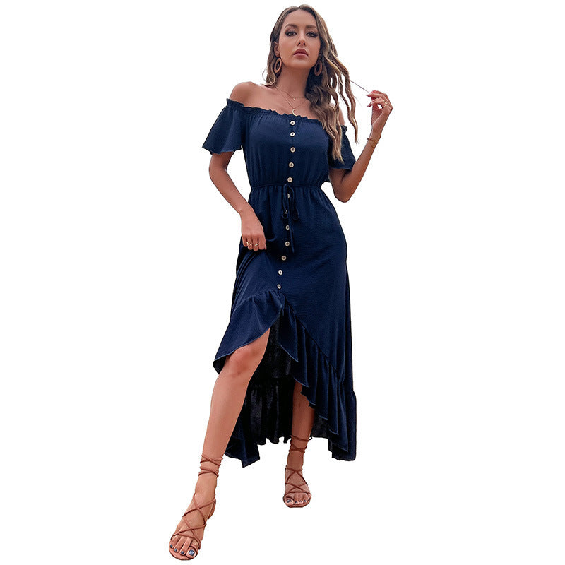 Off Shoulder Short Sleeve Button Front Ruffle Maxi Dress