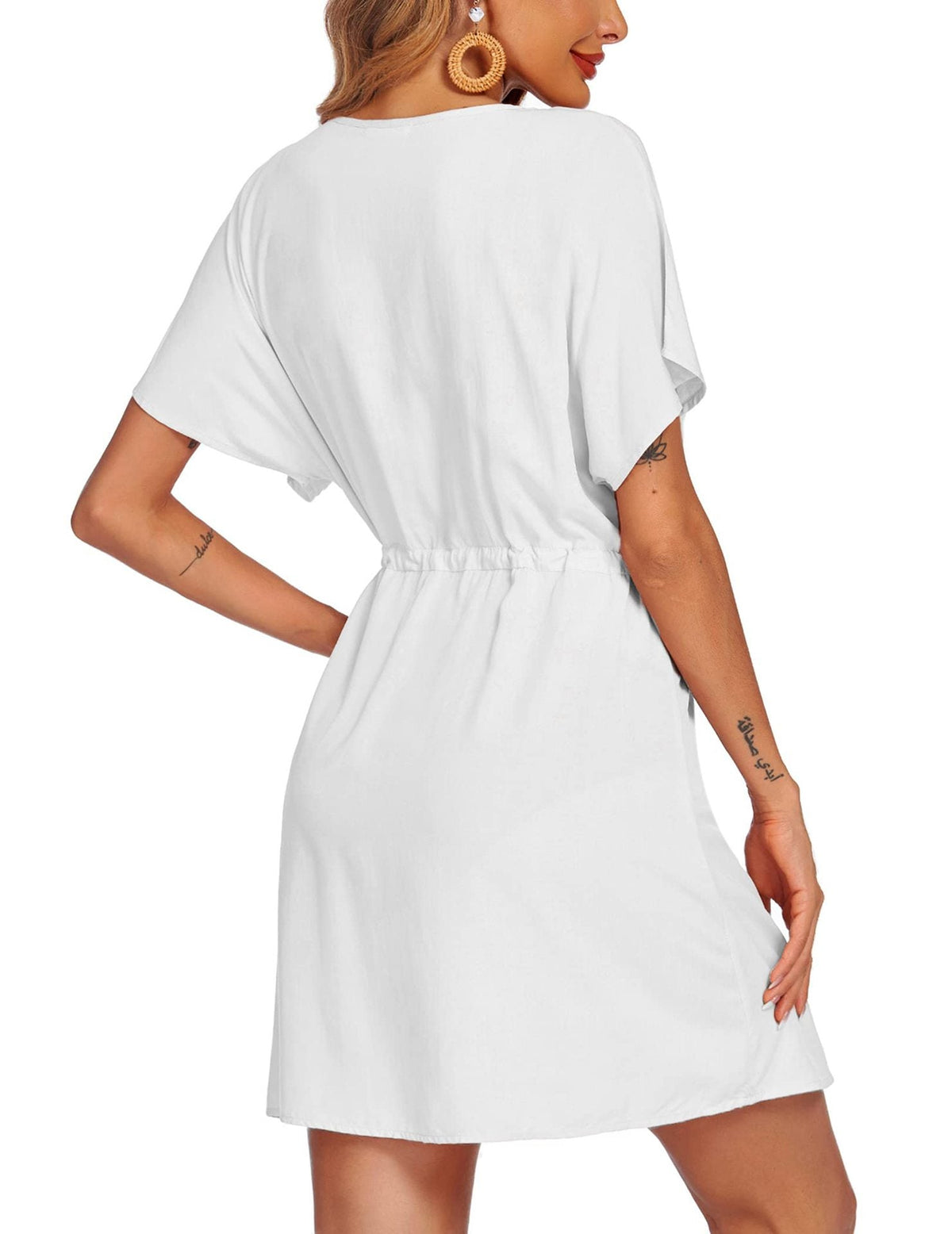 V-Neck Short Dolman Sleeve Drawstring Waist Summer Mini Dress - View 2
