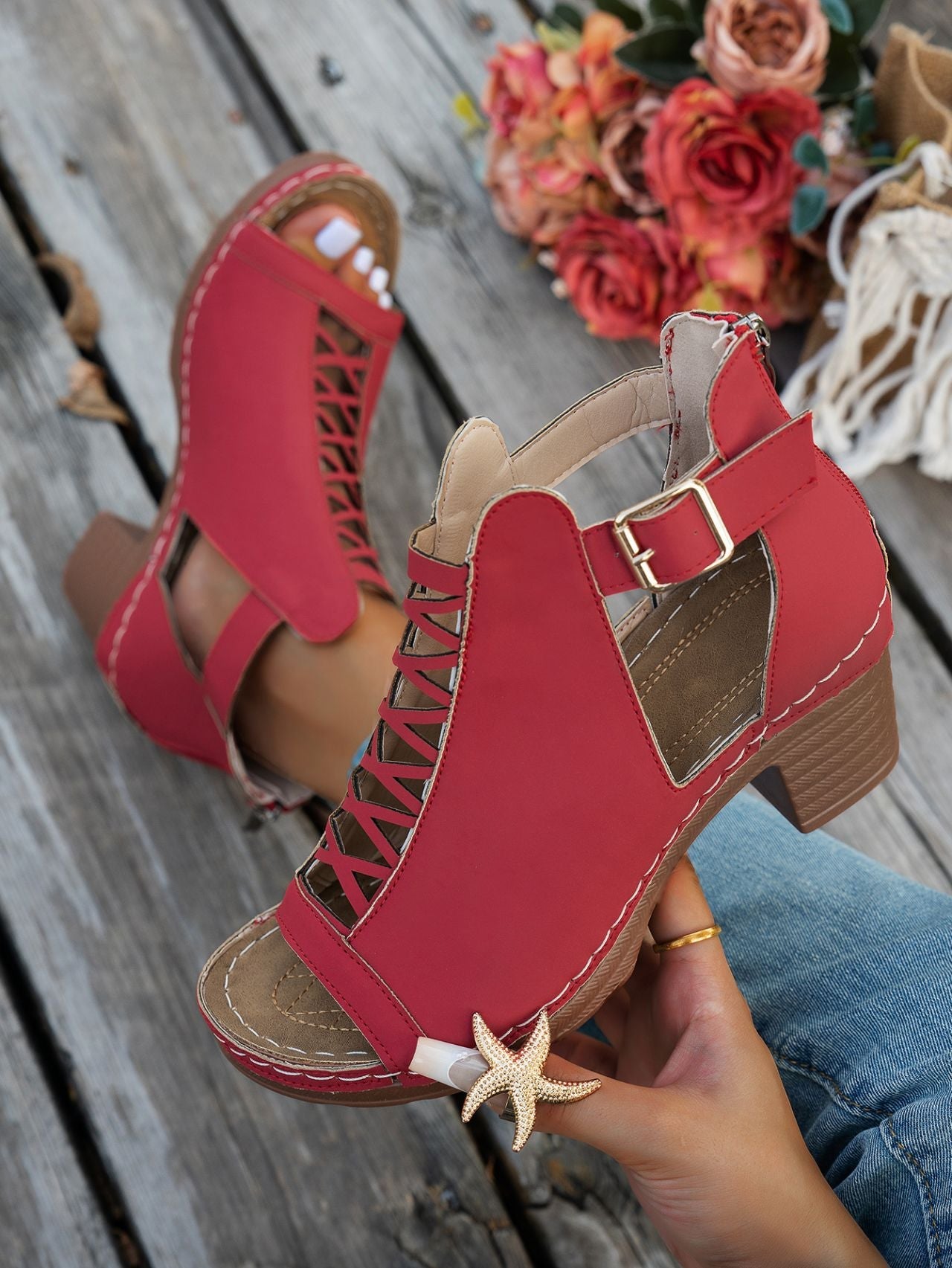 Chunky high heel open toe hollow buckle Roman sandals