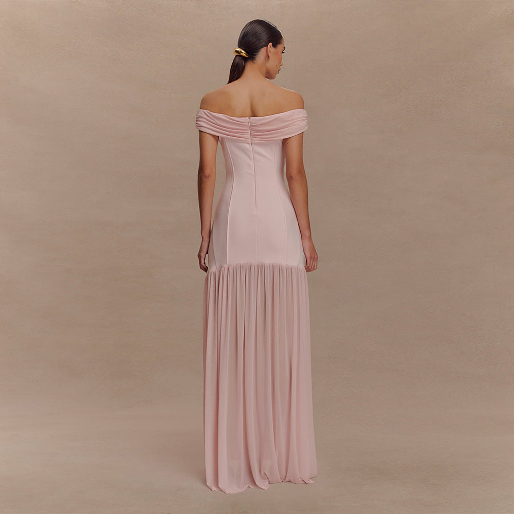 Off-Shoulder Ruched Brooch Drop-Waist Chiffon Maxi Gown 4