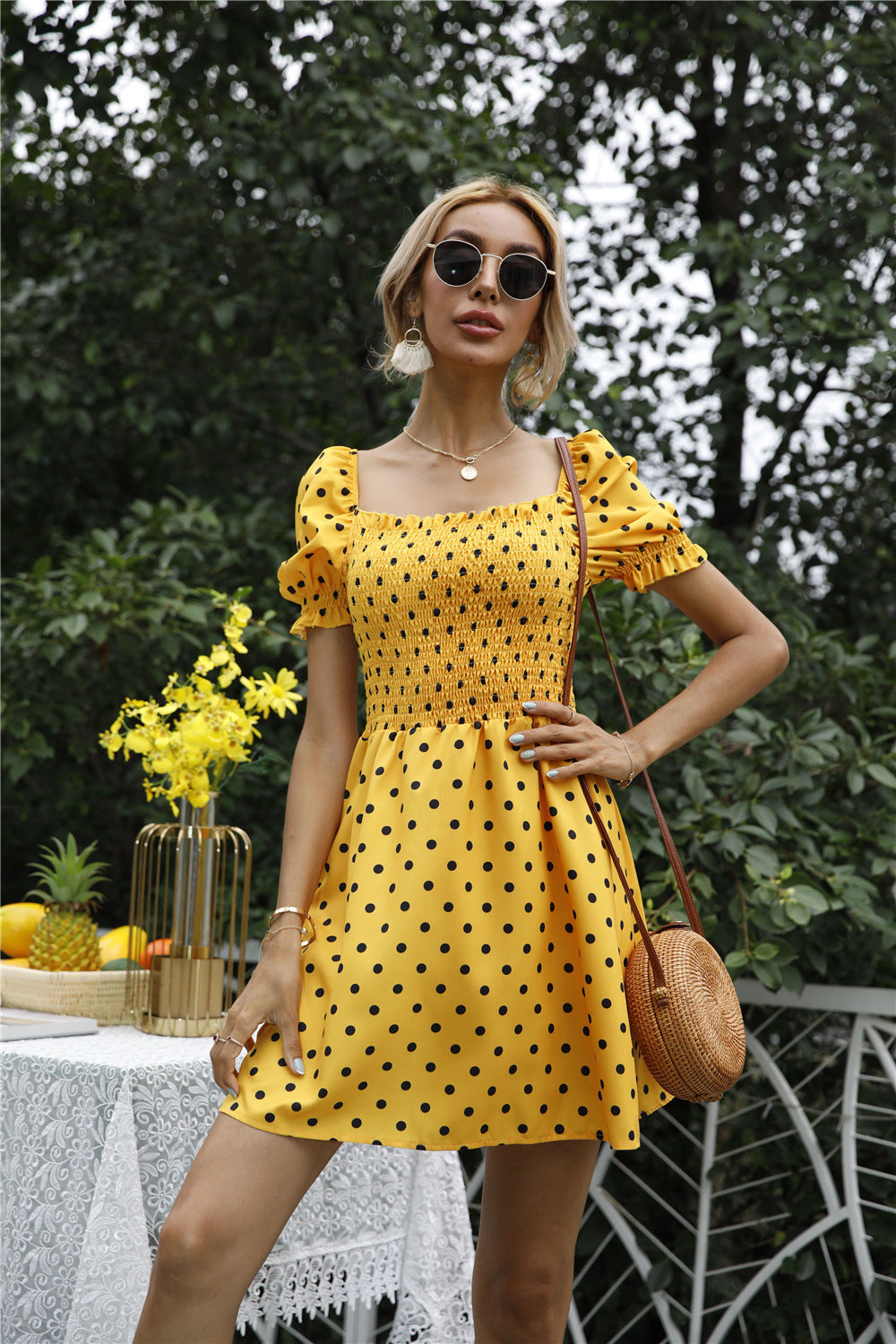Polka Dot Square Neck Puff Sleeve Fit & Flare Mini Dress