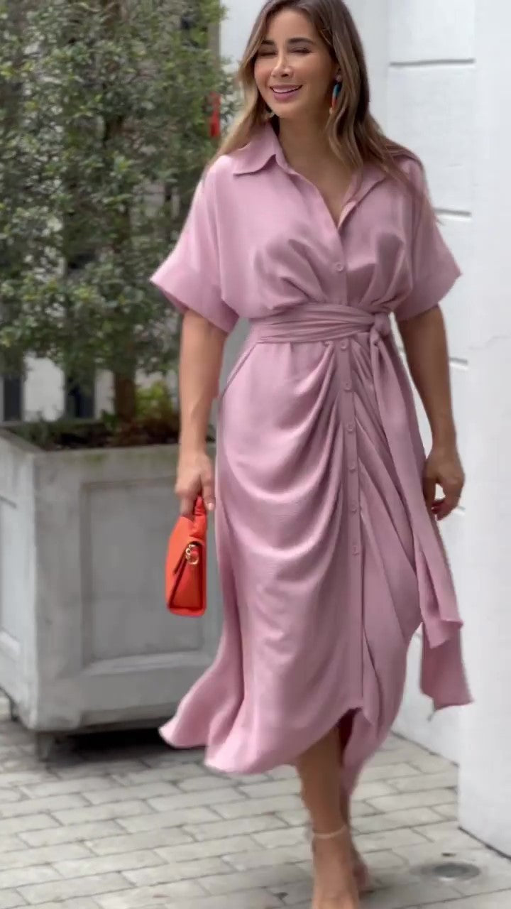 Essence Satin Tie Front Midi Shirt Dress - Lavender