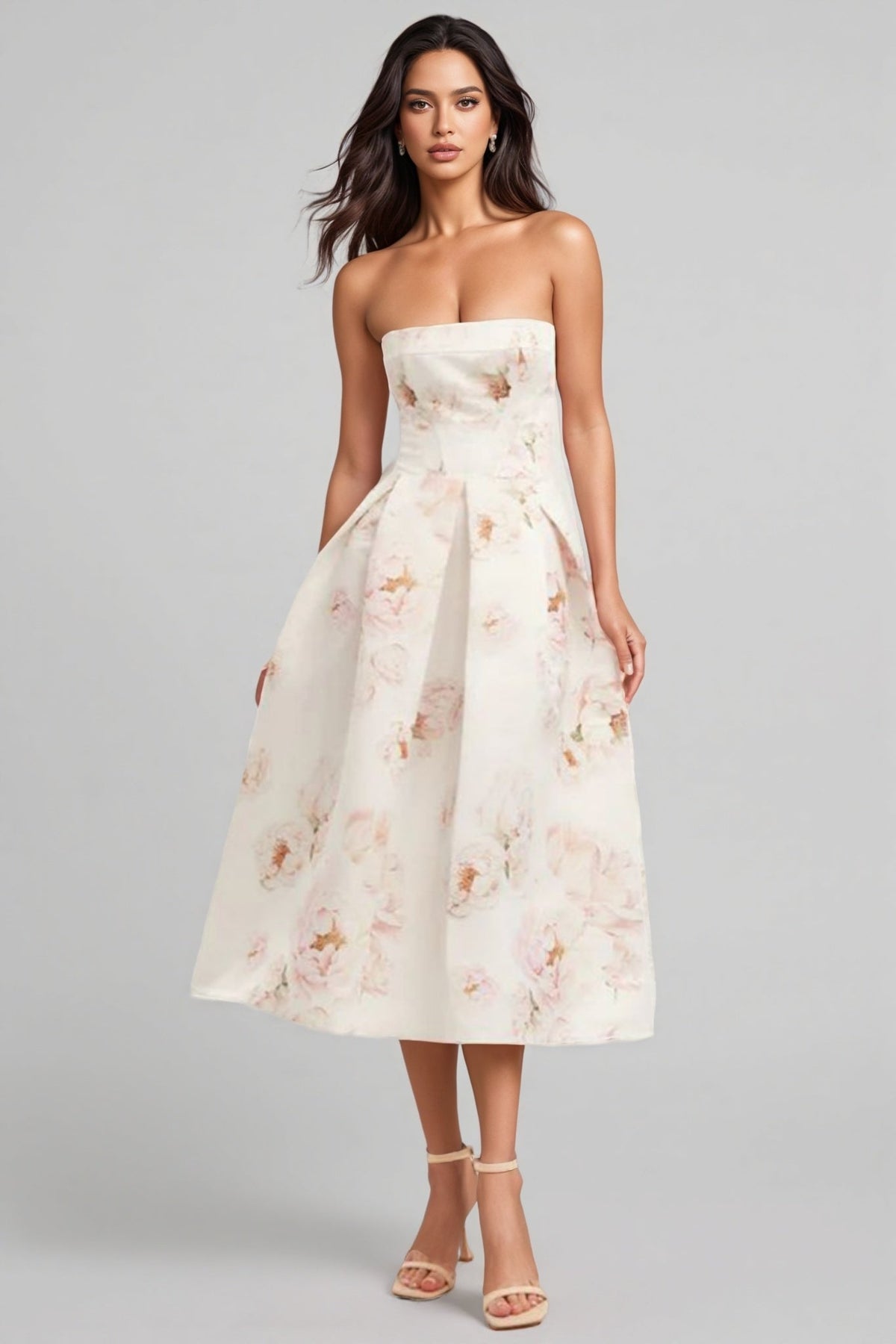 Floral Print Strapless Fit and Flare Midi Dress