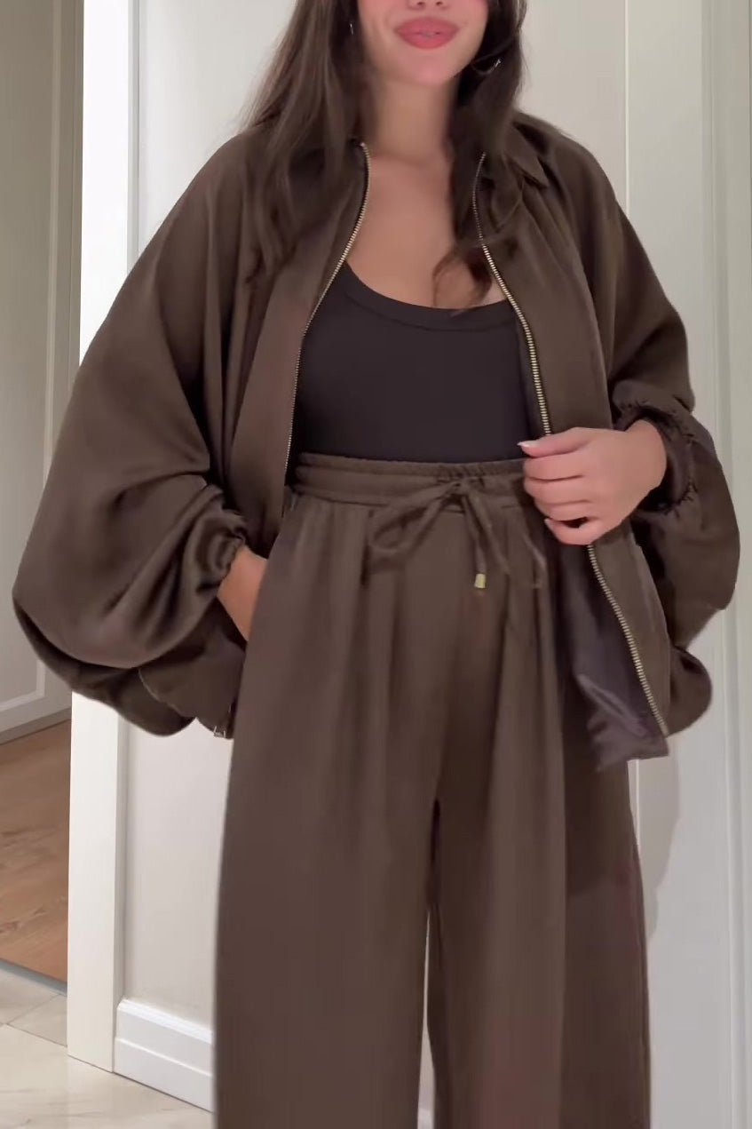 Lantern-Sleeve Zipper Jacket & Wide-Leg Pants Set