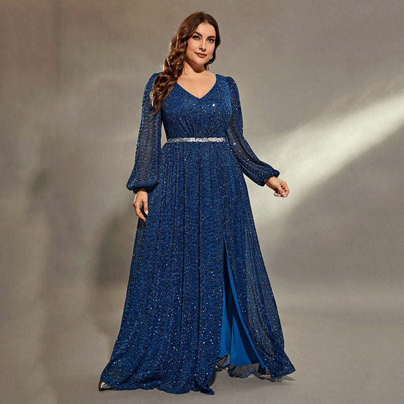 Glitter Bishop Sleeve V-Neck Rhinestone Belt High Split Maxi Gown