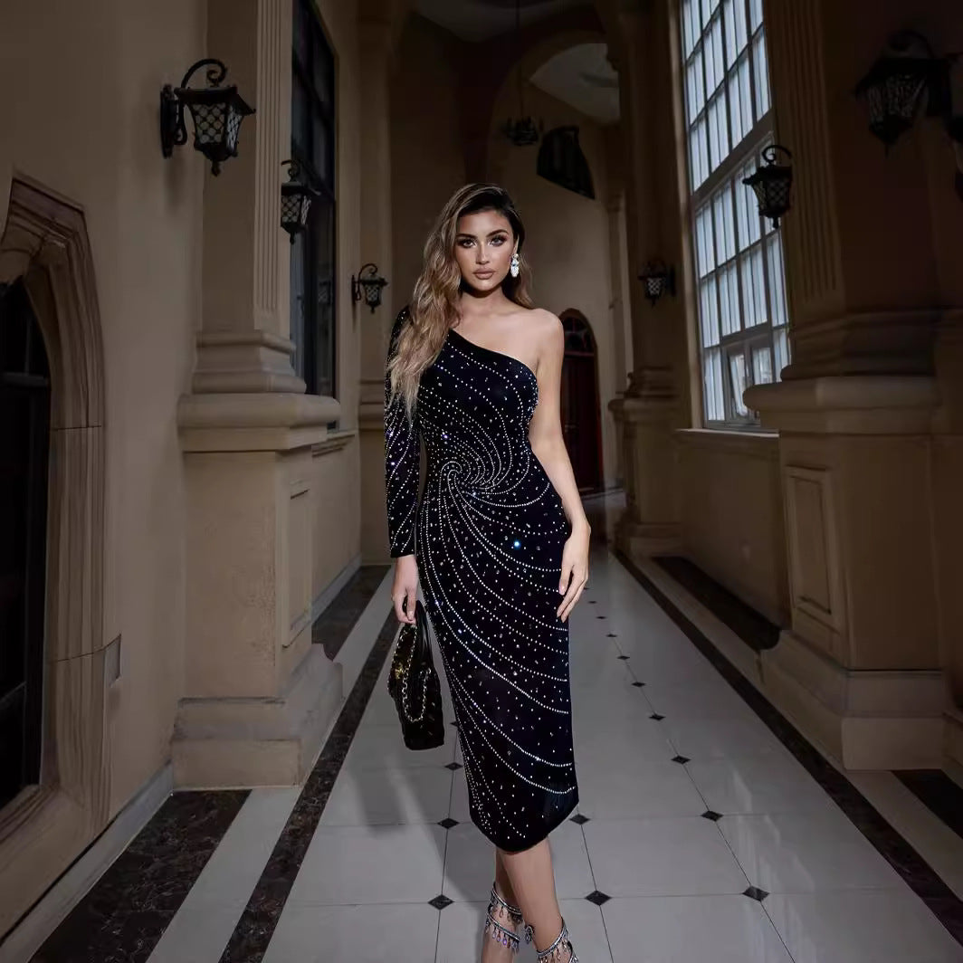 Elegant One-Shoulder Rhinestone Slimming Dress Prom Dress