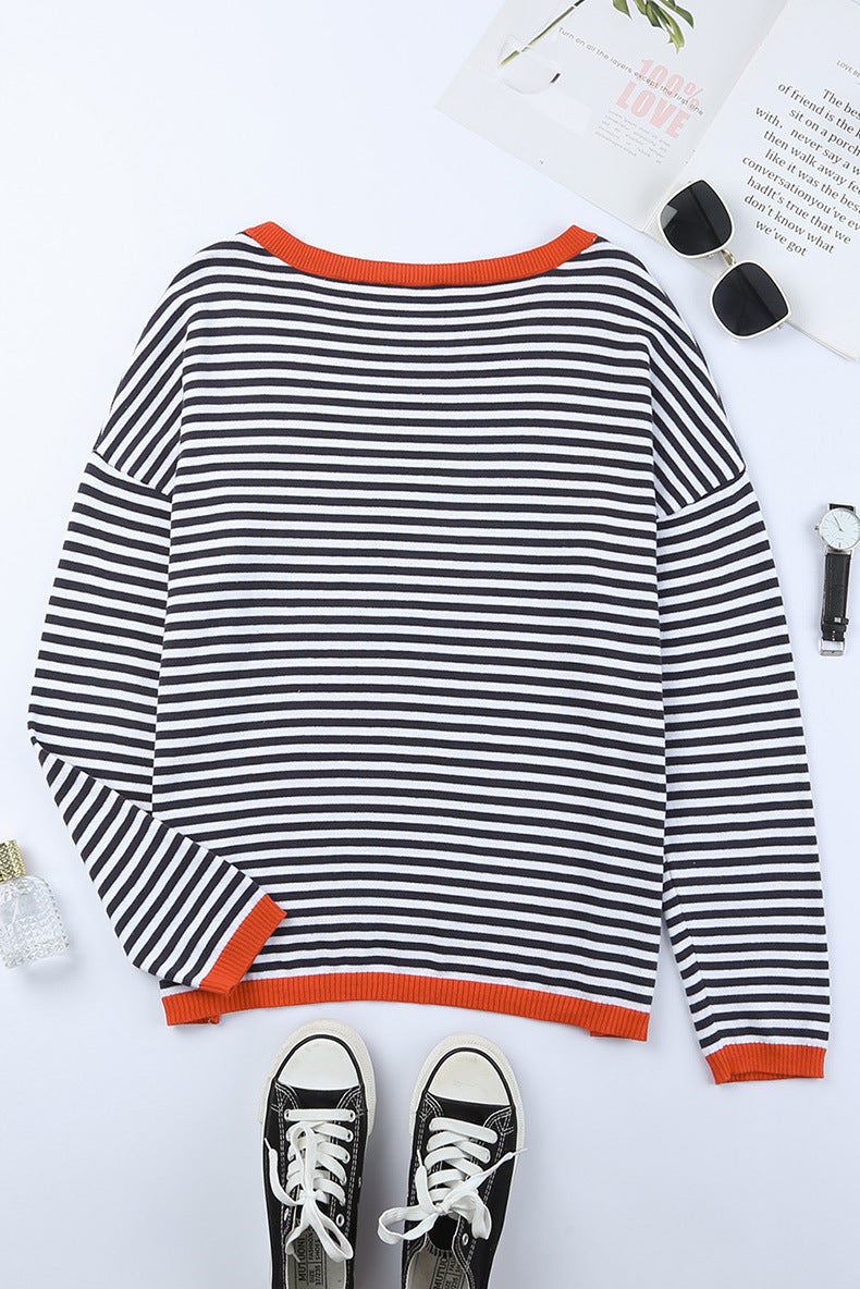 ShoptheCIC Contrast Striped Drop Shoulder Sweater for Chic Style