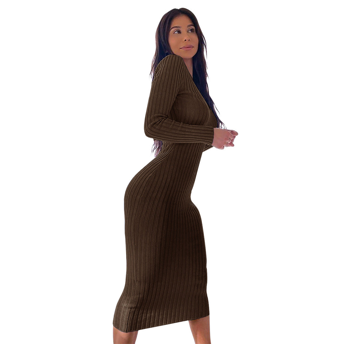 Ribbed Knit Off Shoulder Long Sleeve Bodycon Midi Dress