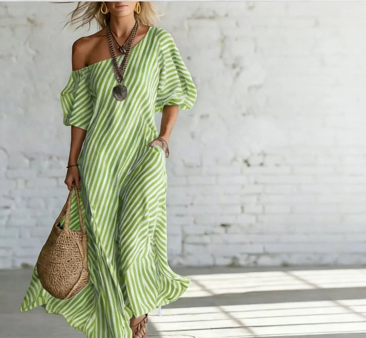 Striped One Shoulder Puff Sleeve Maxi Dress 2