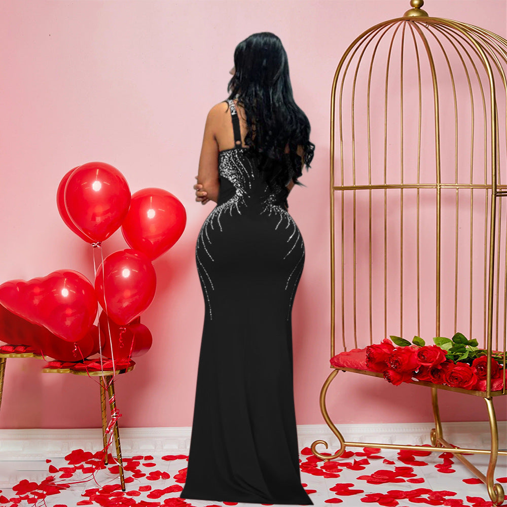 V neck Brace Maxi Dress Slim Fit Rhinestone Sheath Dress - View 3
