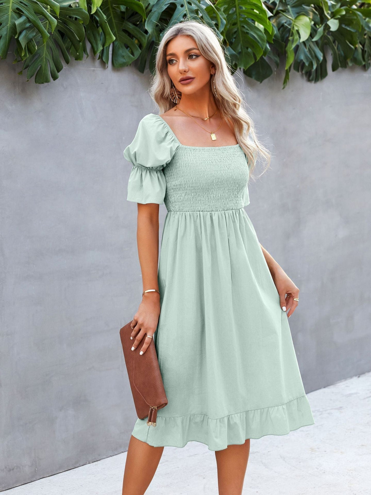 Square Neck Puff Sleeve Smocked Ruffle Midi Dress