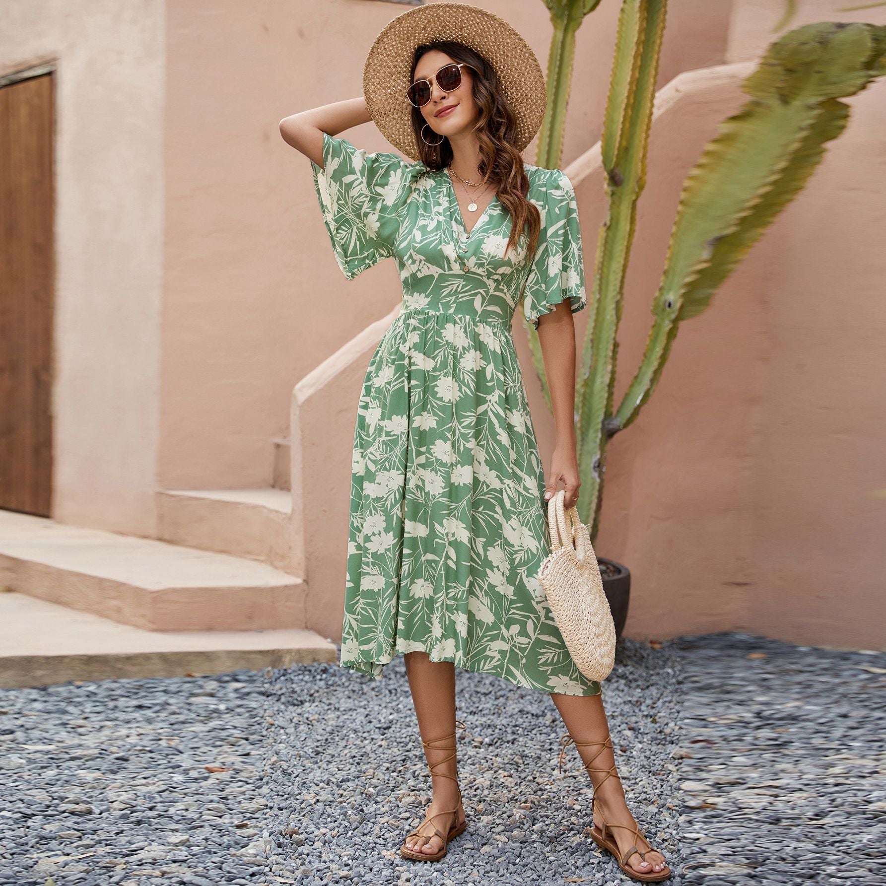 Printed V neck Short Sleeve Waist Controlled Dress Bohemian Holiday Party Beach Dress - Fashionpara