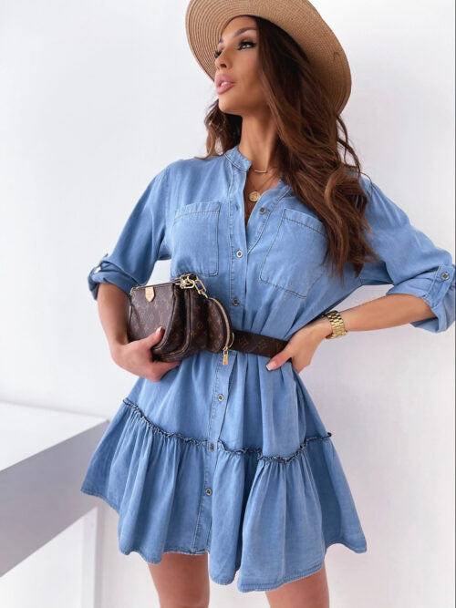 Denim Button Front Tiered Shirt Mini Dress