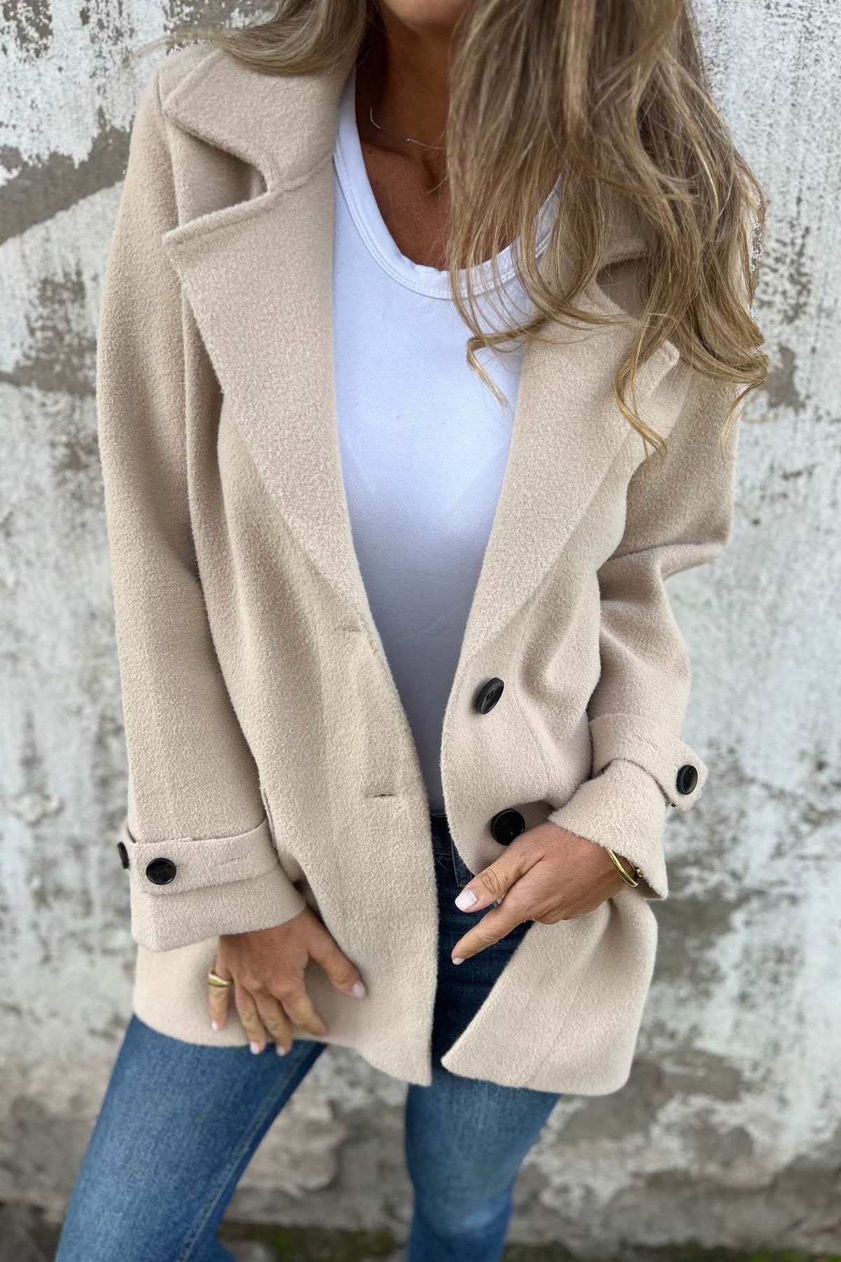Woolen Loose Lapel Cardigan Coat with Stylish Fake Pockets