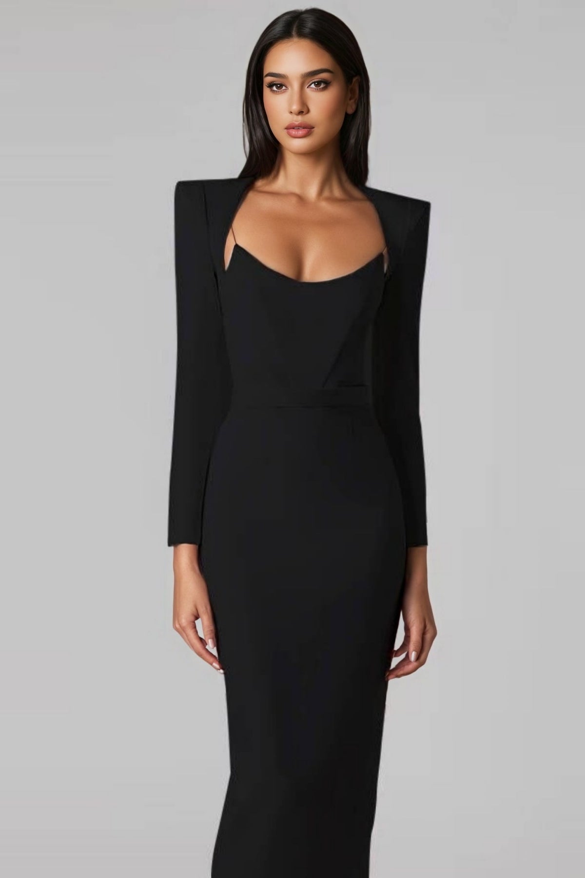 Structured Shoulder Sweetheart Cut Out Long Sleeve Midi Dress - View 2