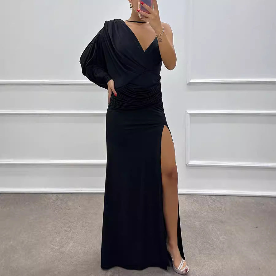 Deep V-Neck One Shoulder Pleated Sleeve Ruched High Split Maxi Gown - View 3