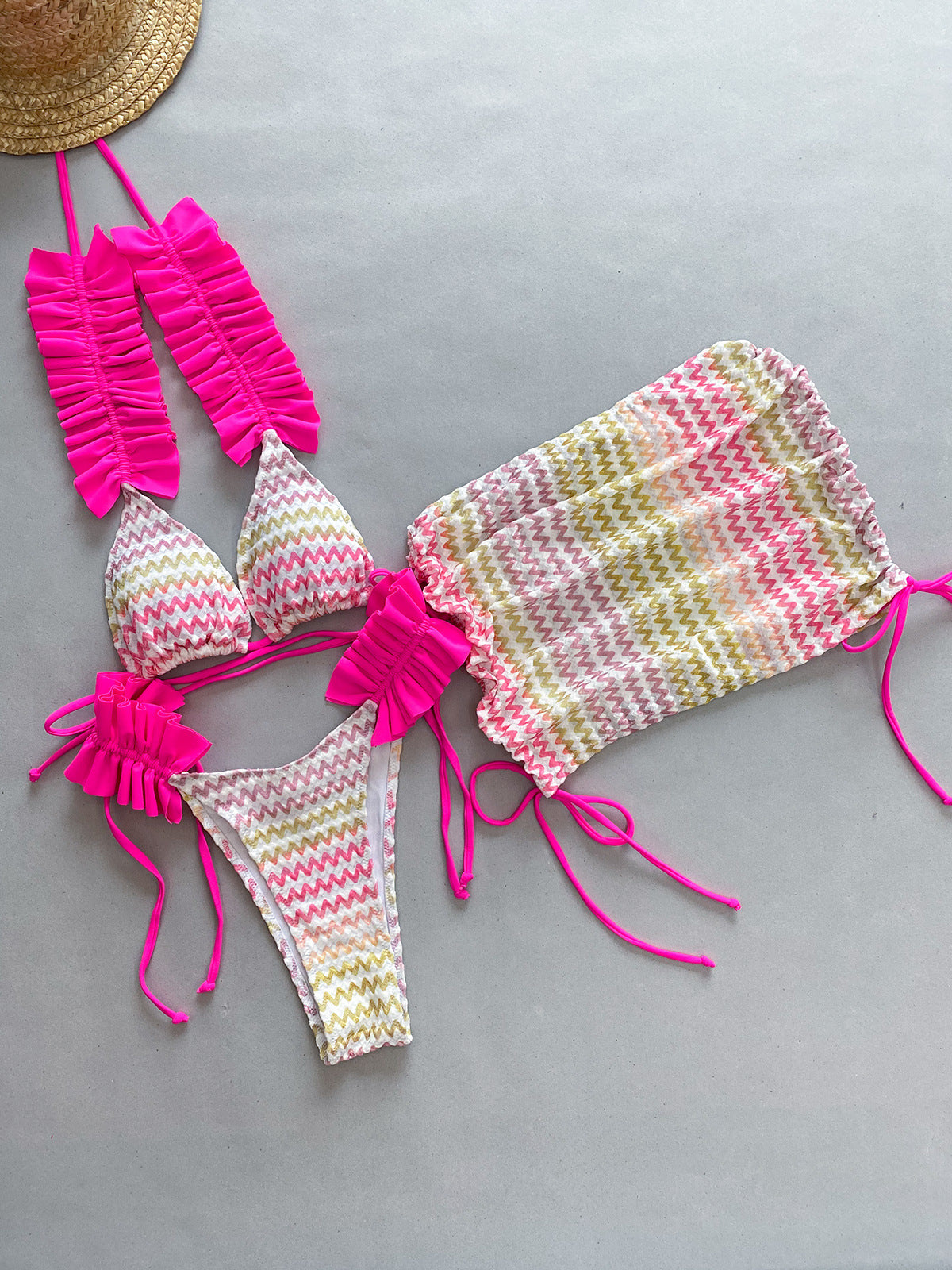 Three Piece Set Bikini Bikini Pleated Side Split Women Swimsuit - Fashionpara