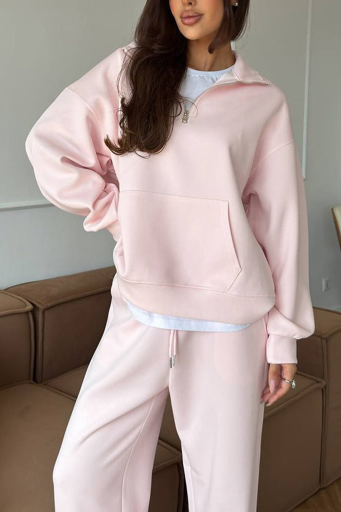 Zippered Half-High Collar Pullover and Wide-Leg Pants Set