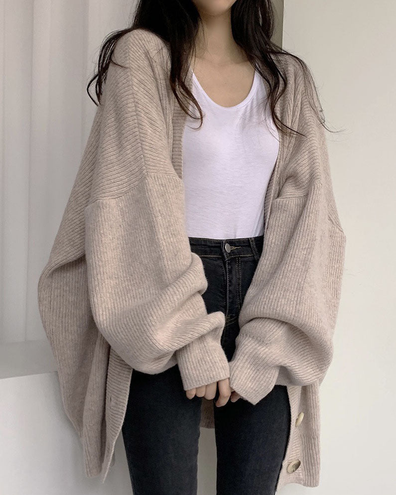 V-neck Loose Lantern Sleeve Knitted Cardigan Sweater