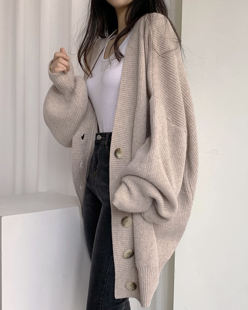 V-neck Loose Lantern Sleeve Knitted Cardigan Sweater