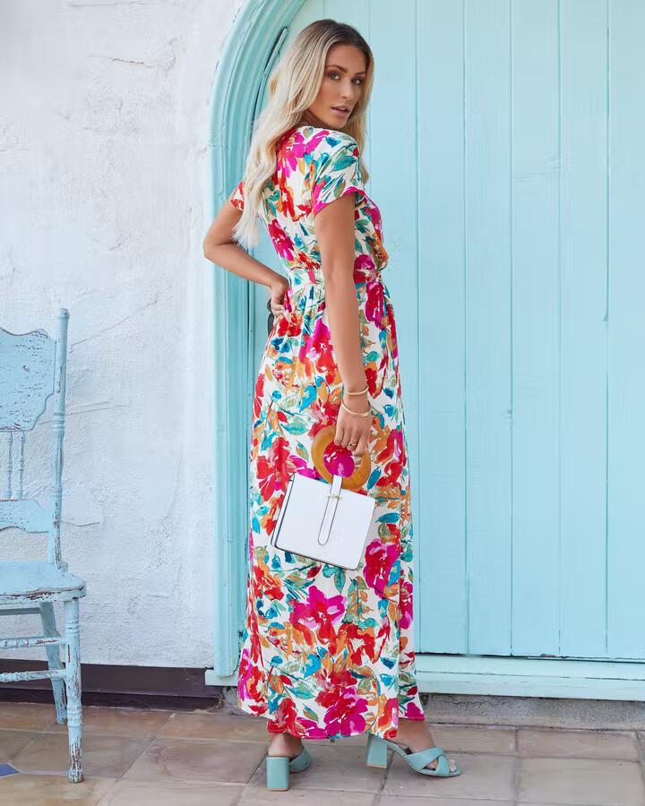 Floral Print V-Neck Short Sleeve Wrap Maxi Dress