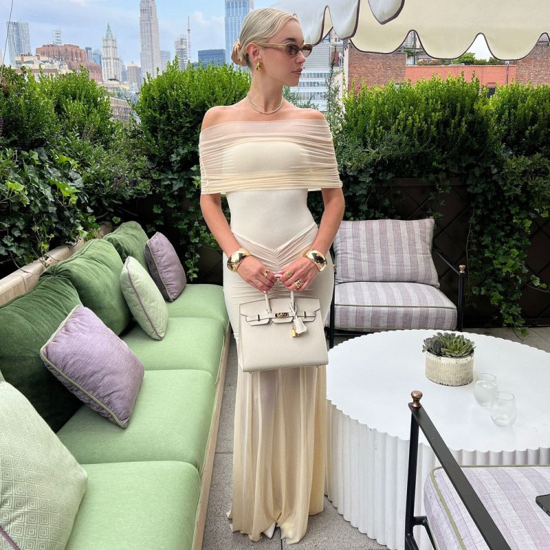 Off Shoulder Ruched Mesh Bodice Wrap Hip Pleated Mesh Maxi Gown