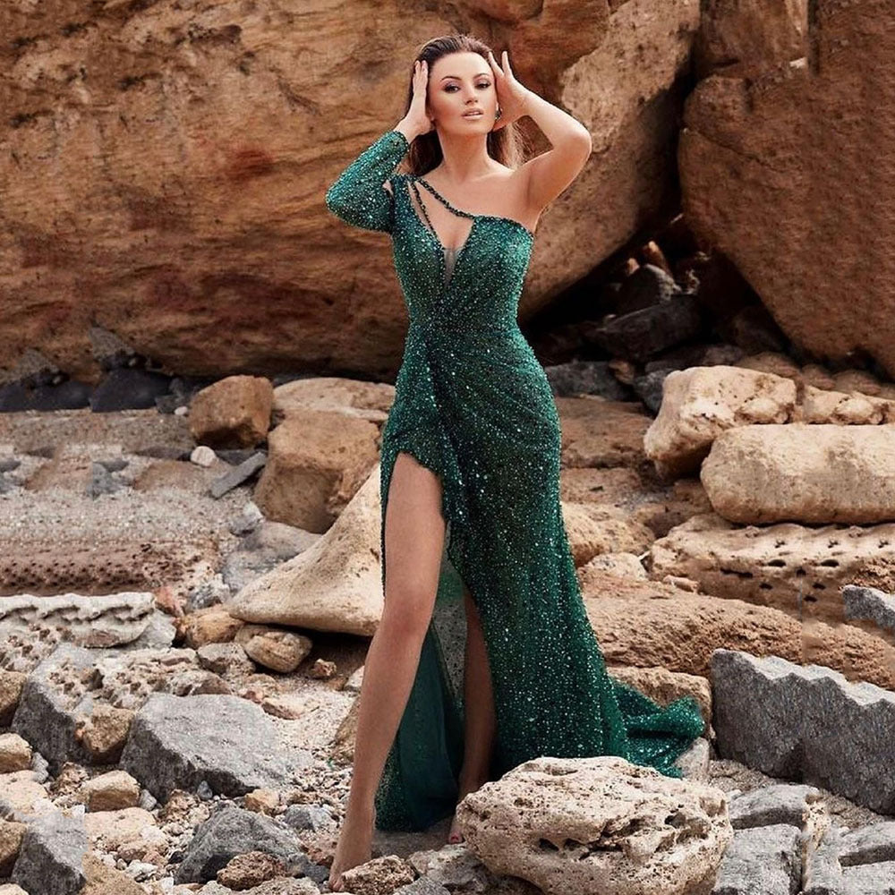 Sequin One Shoulder Cut Out Long Sleeve Beaded High Split Maxi Gown - View 2