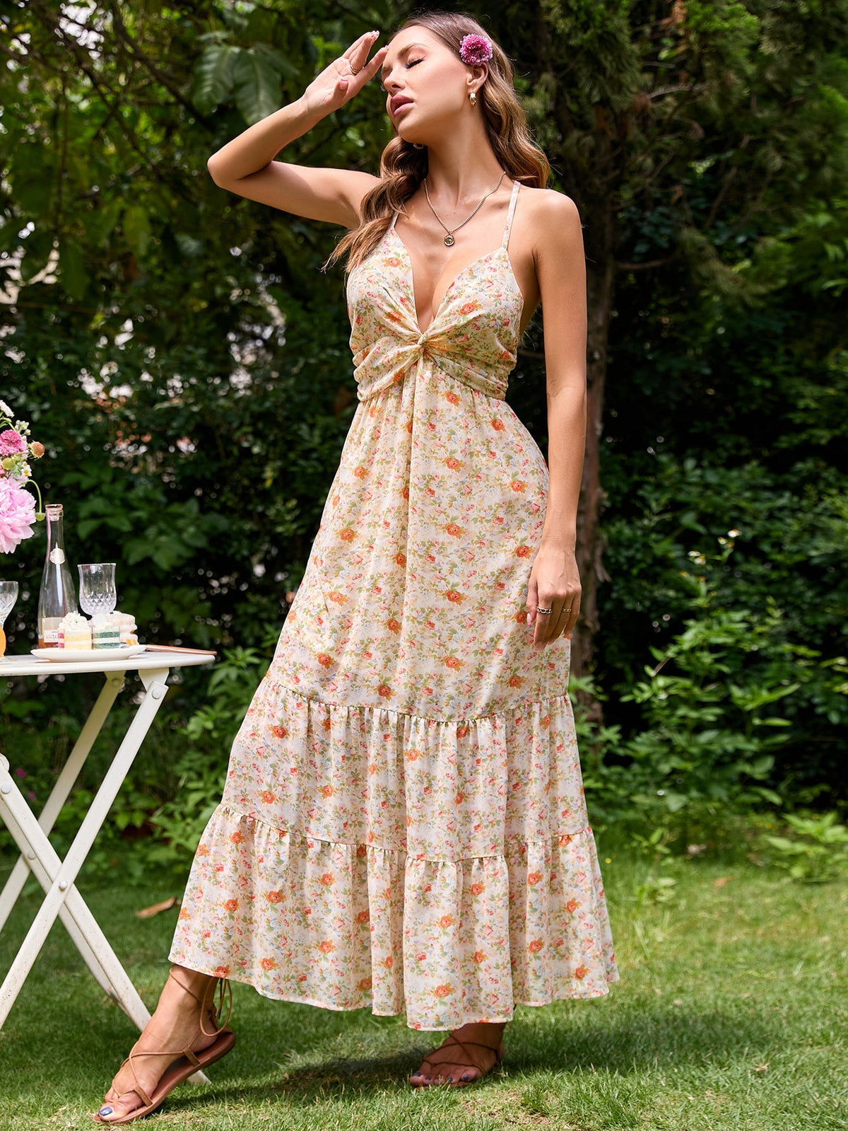 Floral Print V-Neck Twist Front Tiered Maxi Dress