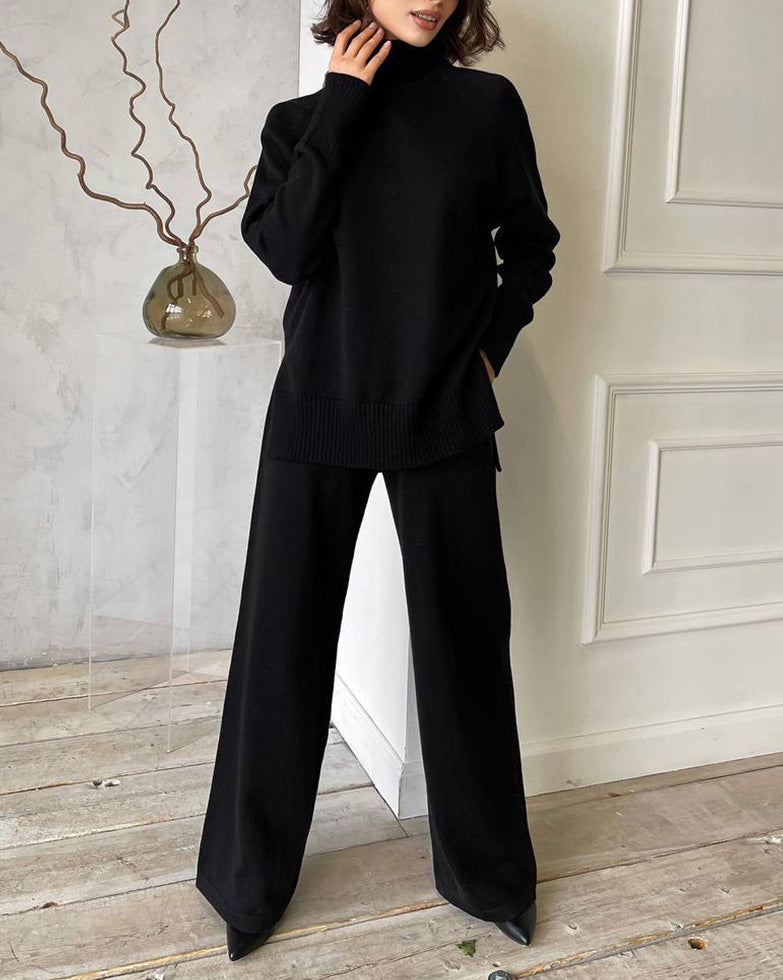 Chic Solid Color Turtleneck Sweater and Trouser Set