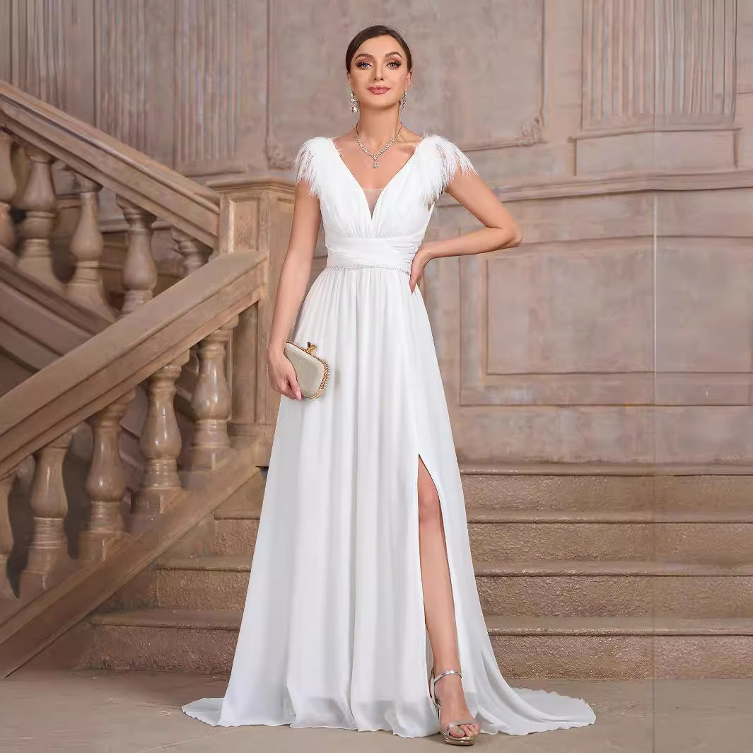 Solid Color V neck Backless Velvet Collar Chiffon Split Elegant Slim Fit Cocktail Evening Dresses - Fashionpara