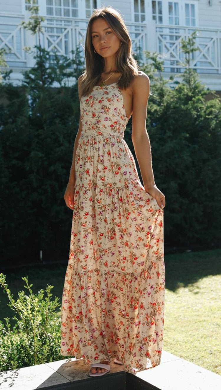 Floral Print Halter Neck Tiered Maxi Dress