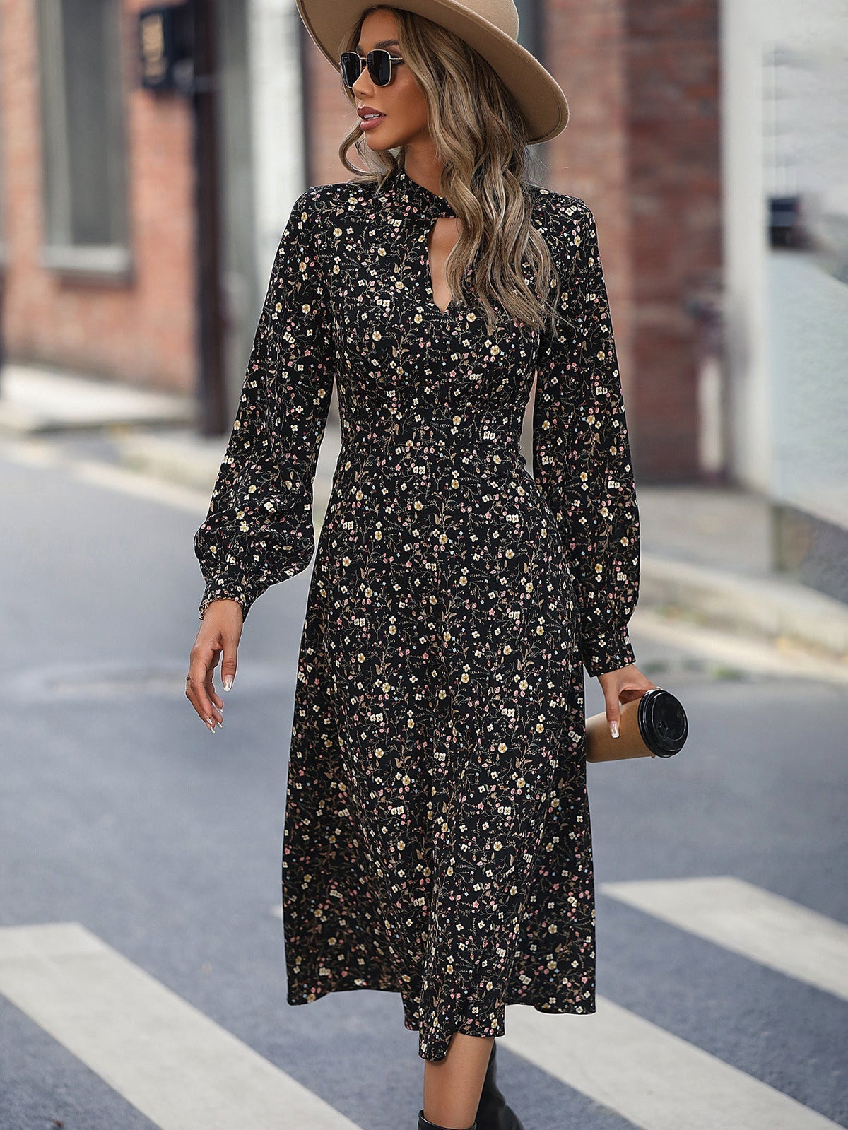 Floral Print Mock Neck Keyhole Bishop Sleeve A-Line Midi Dress