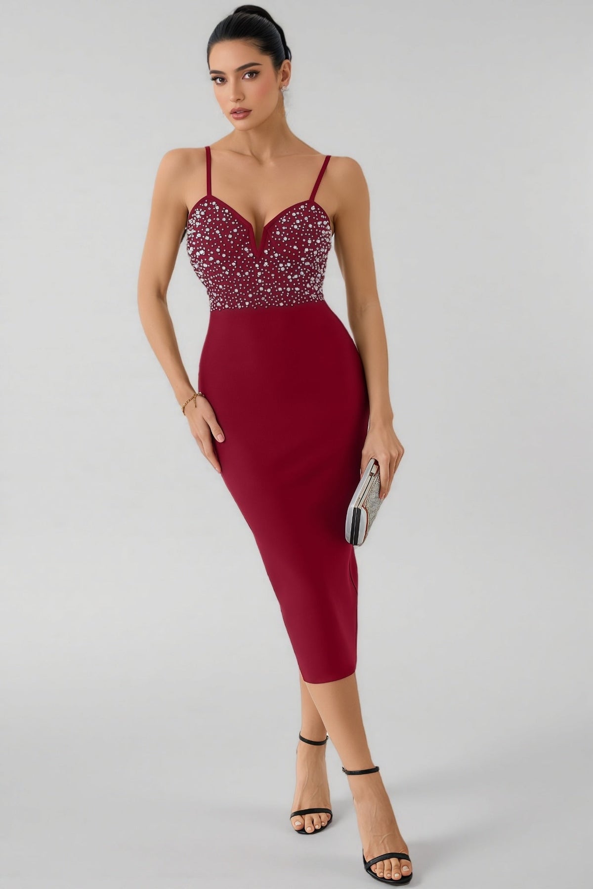 Beaded Sweetheart Cut Out Spaghetti Strap Bodycon Midi Dress - View 4