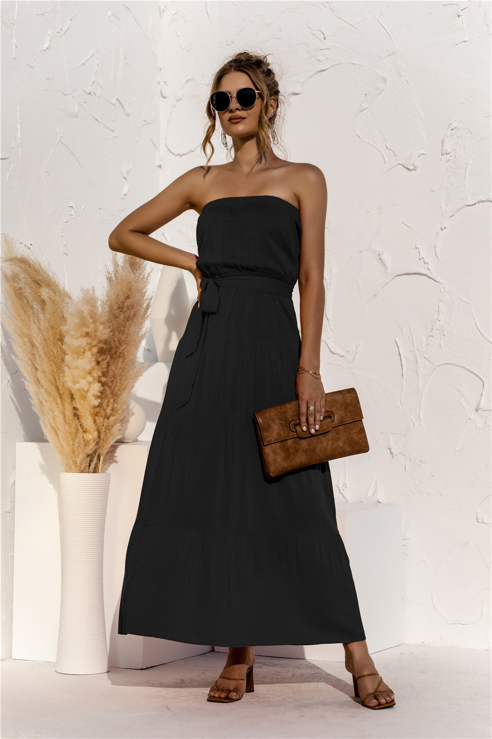 Strapless Tie Waist Tiered Maxi Dress