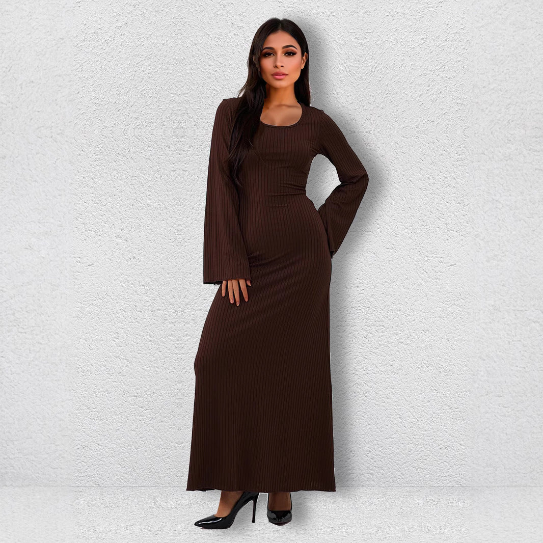 Ribbed Knit Scoop Neck Bell Sleeve Bodycon Maxi Dress