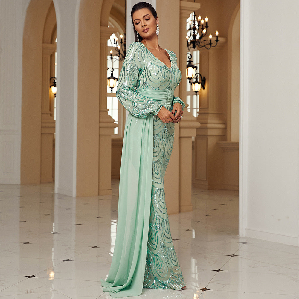 Sequin V-Neck Long Sleeve Mermaid Evening Gown - View 2