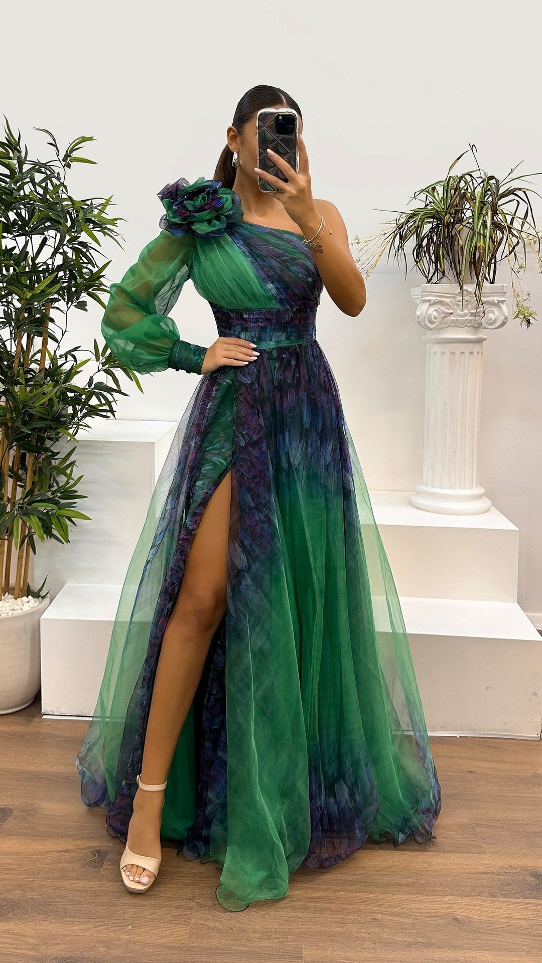 Floral design on the shoulder One-shoulder mesh print evening gown dress