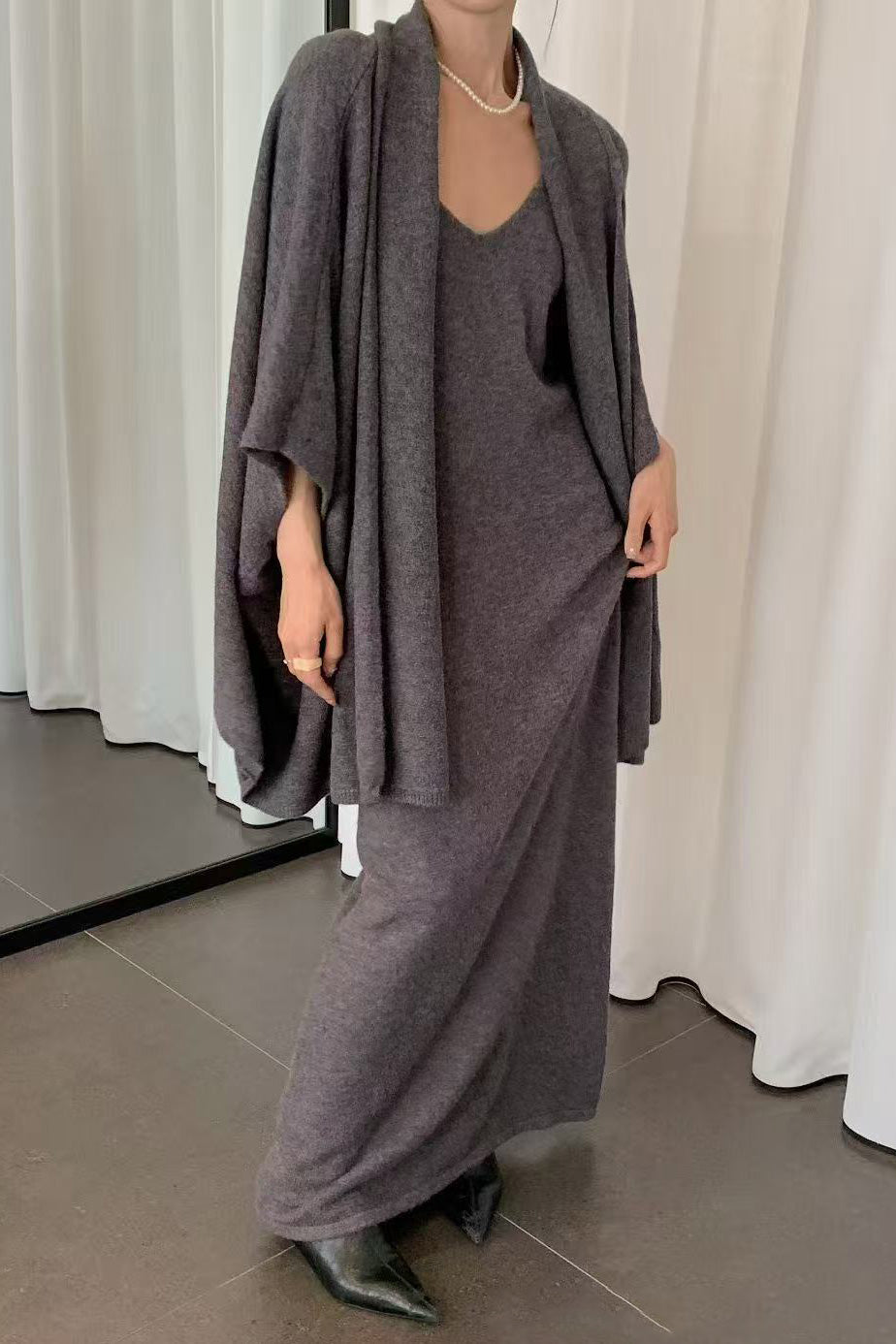 Elegant Knitted Shawl Coat and Dress Two-Piece Set