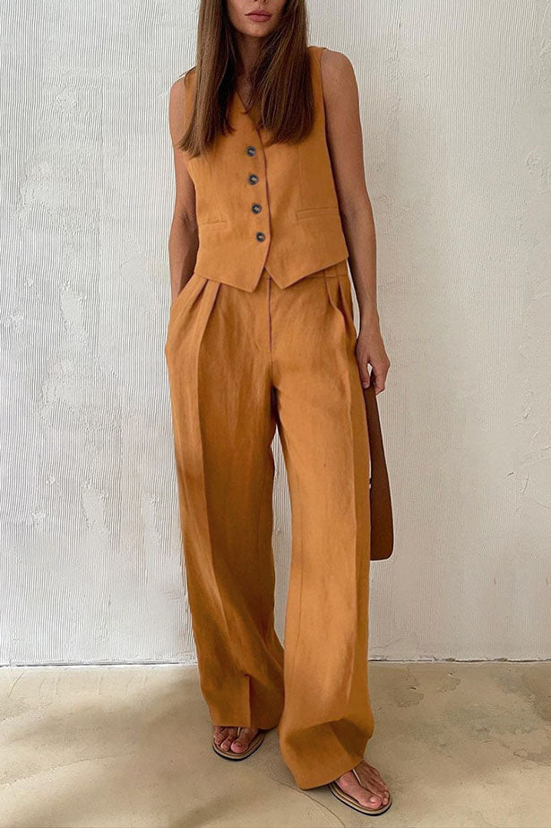 Solid Color V-neck Cotton Linen Vest and Pants Set