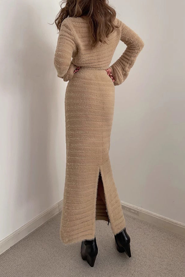 Chic Long Sleeve Crop Sweater and High Waist Skirt Set