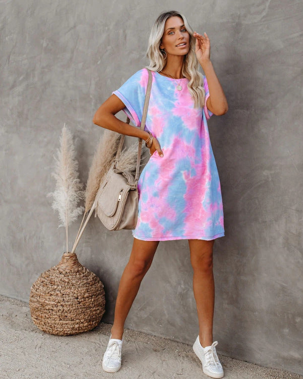 Tie-Dye Crew Neck Short Sleeve Pocket Shift Mini Dress