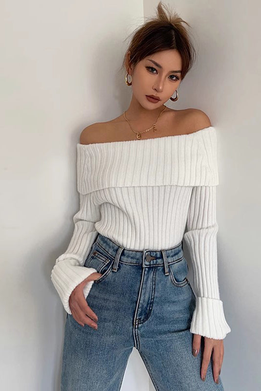 Chic Off Shoulder Rib-Knit Sweater for Effortless Style