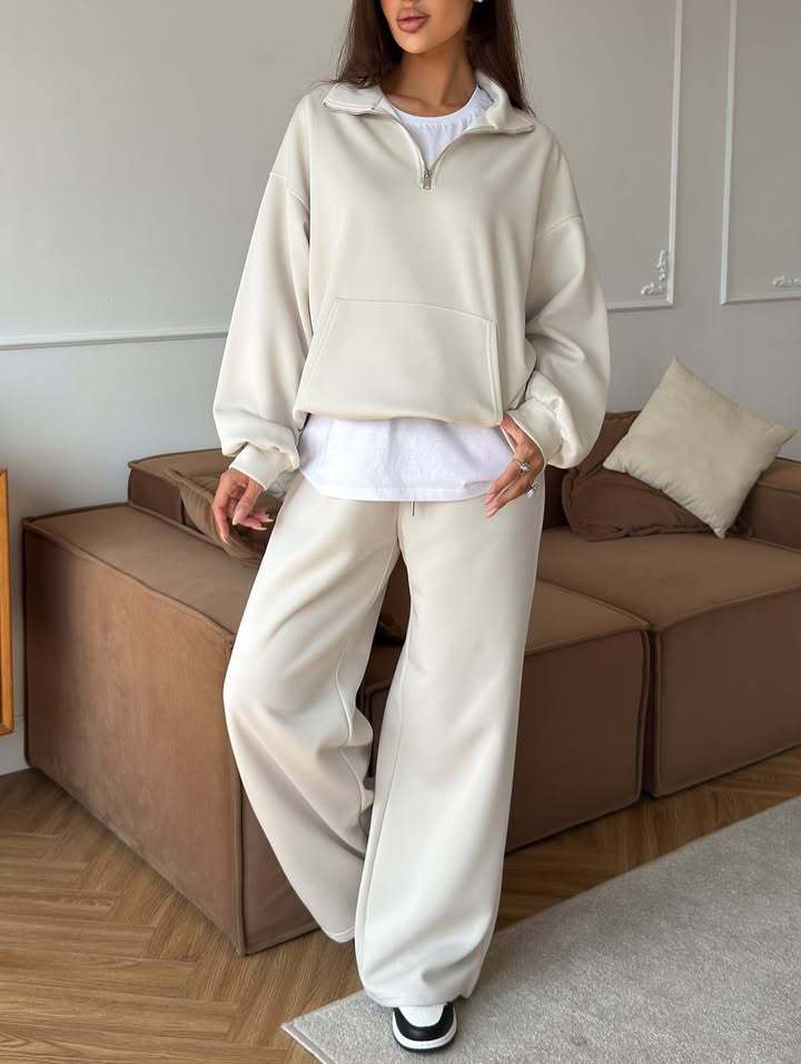 Zippered Half-High Collar Pullover and Wide-Leg Pants Set