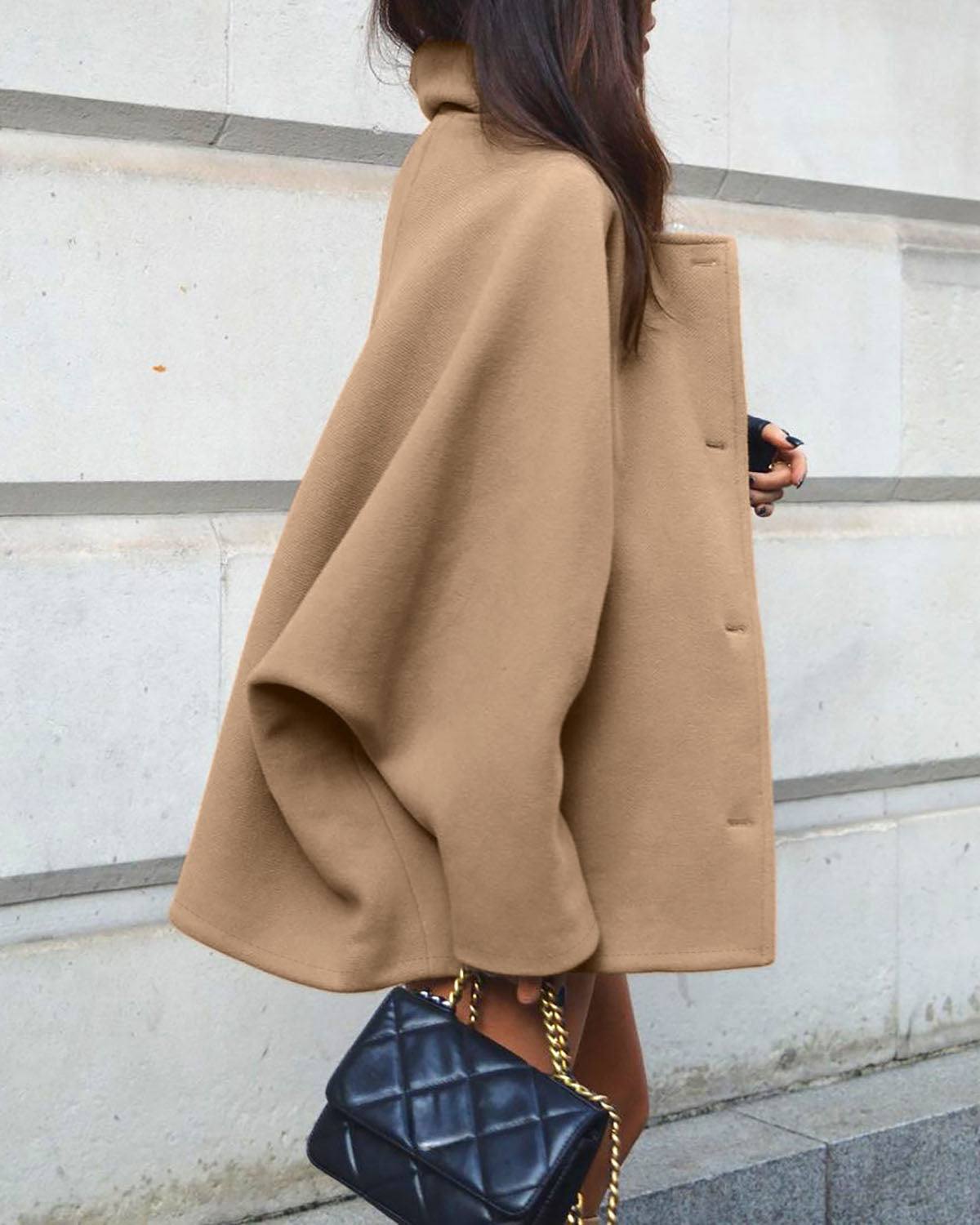 Brown Woolen Shawl Collar Batwing Sleeve Cardigan Coat