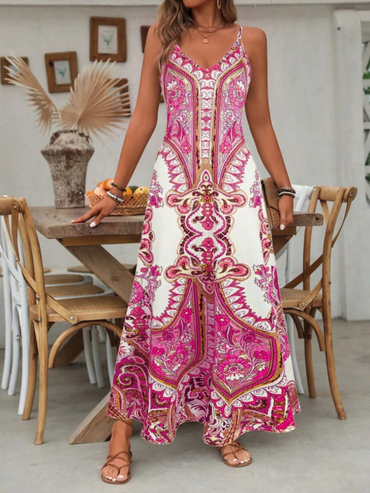 V-Neck Spaghetti Strap Paisley Print Maxi Dress 3