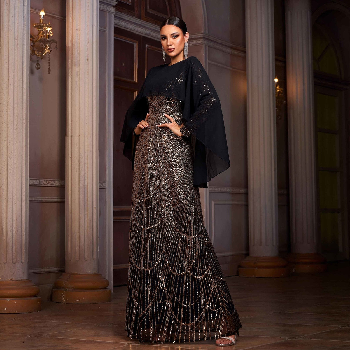Sequin Round Neck Draped Cape Long Sleeve Sheath Evening Gown - View 4